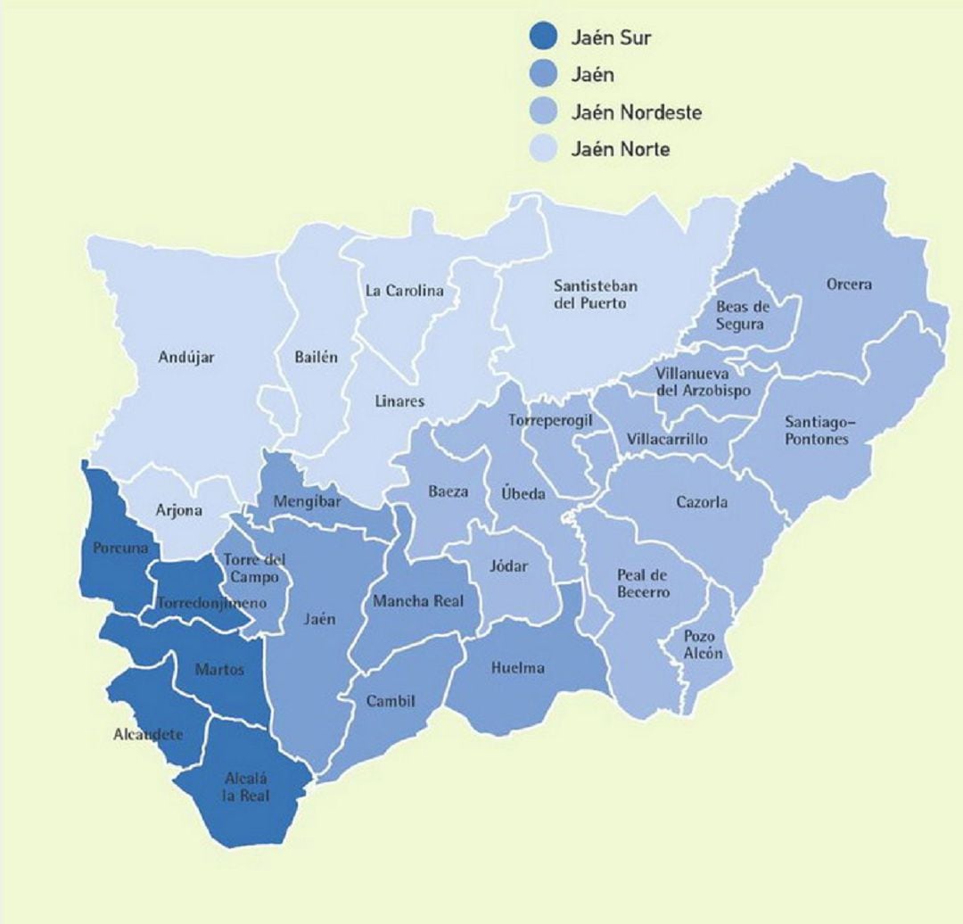 Mapa de Áreas de Gestión Sanitaria en la provincia de Jaén.