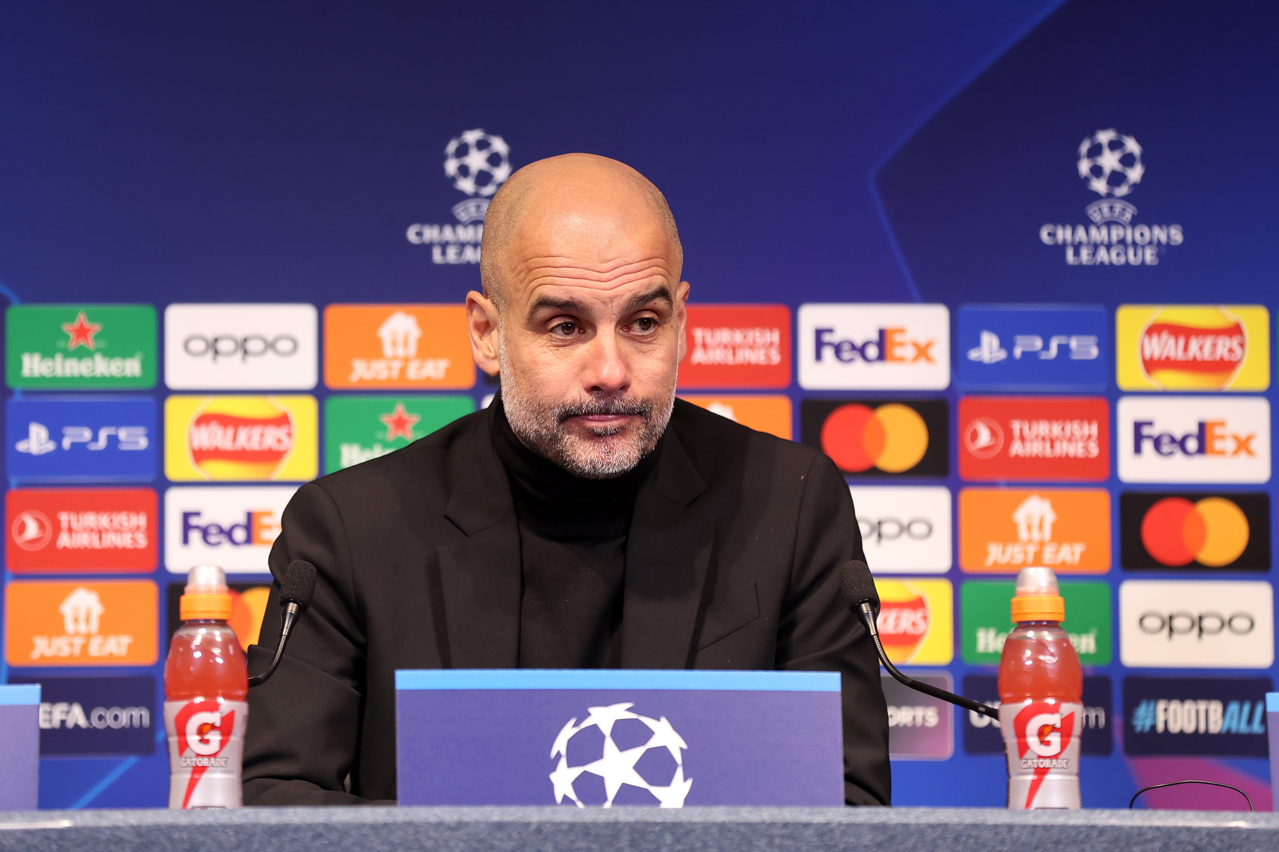 Pep Guardiola, durante la rueda de prensa en el Etihad tras perder contra el Real Madrid