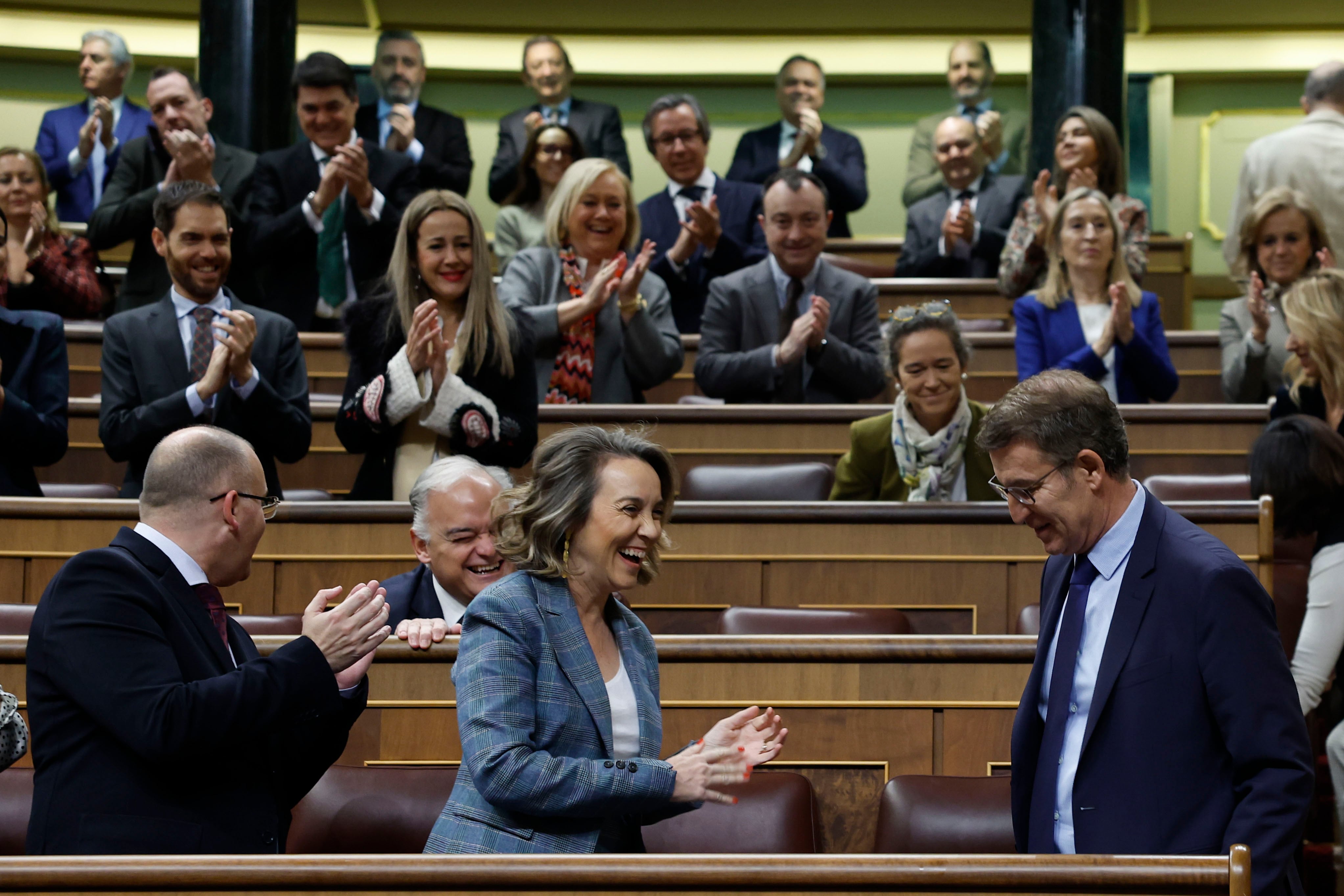 El líder del PP, Alberto Núñez Feijóo, es ovacionado por la bancada popular a su llegada a la sesión de control al Gobierno que este miércoles celebra el Congreso. EFE/Chema Moya