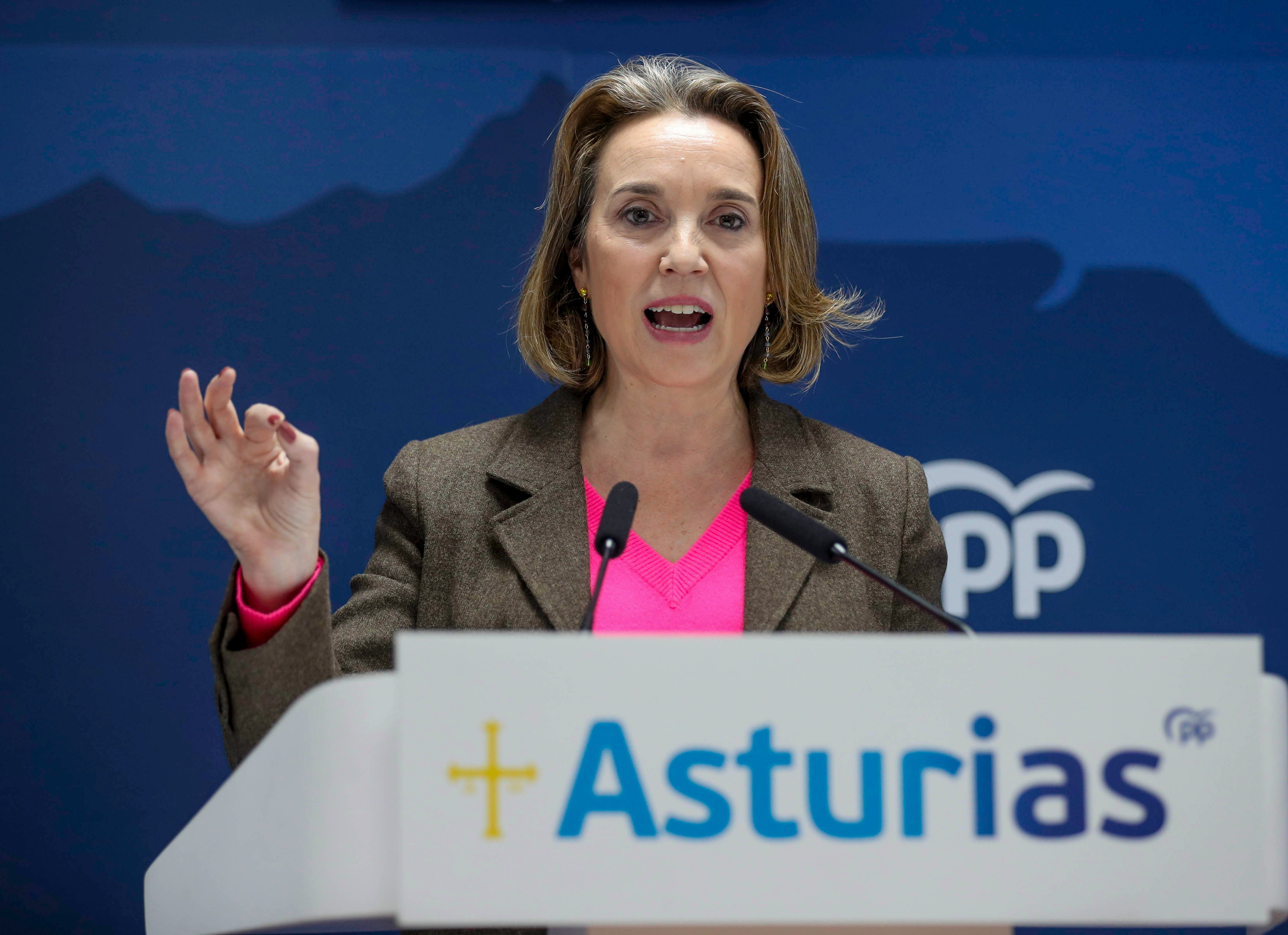 Cuca Gamarra, en la rueda de prensa de este viernes en Oviedo, previa a la cumbre que los barones del partido mantendrán durante el fin de semana en Colunga para abordar el problema de la vivienda. EFE/ J.L.Cereijido