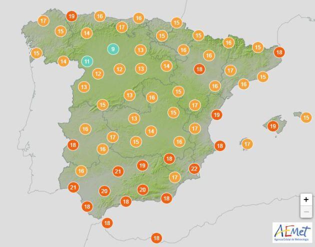 Mapa de temperaturas para este viernes 14 de febrero.