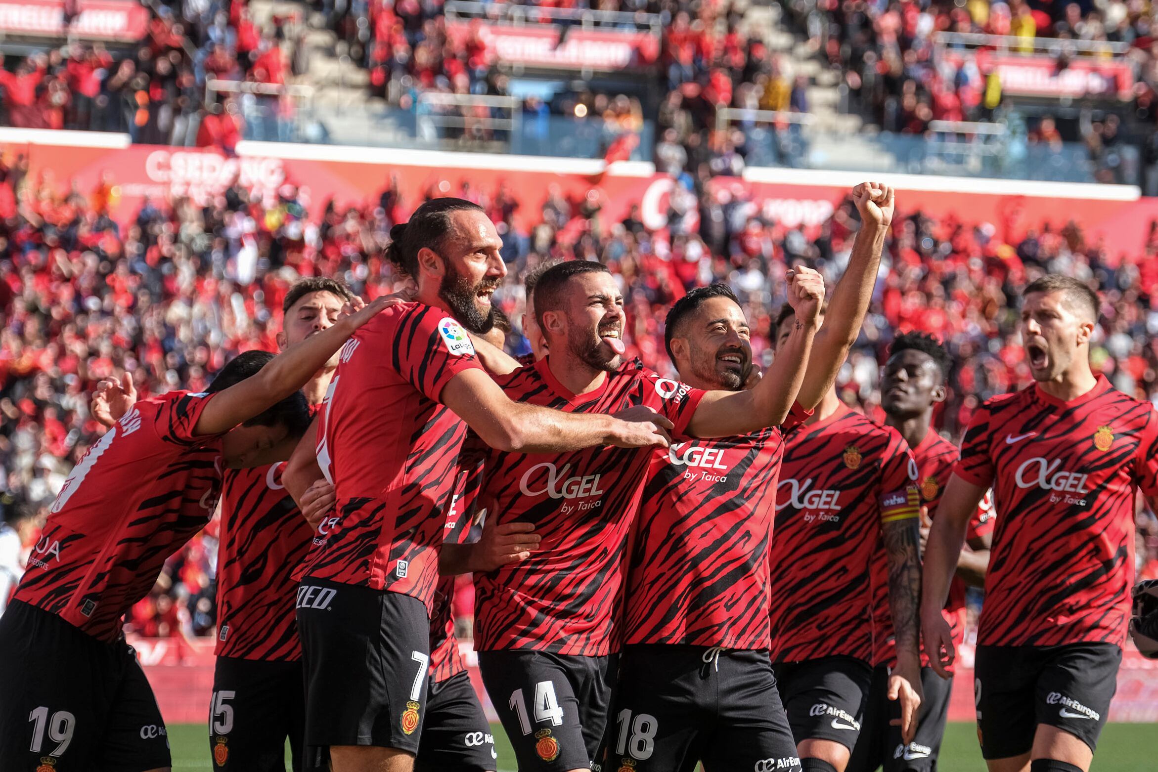 PALMA DE MALLORCA, 05/02/2023.- El delantero del Real Mallorca Vedat Muriqi (3i) celebra el conseguido ante el Real Madrid durante el Partido de La Liga que disputan el Mallorca y el Real Madrid en el estadio de Son Moix.- EFE/Sergio G. Cañizares
