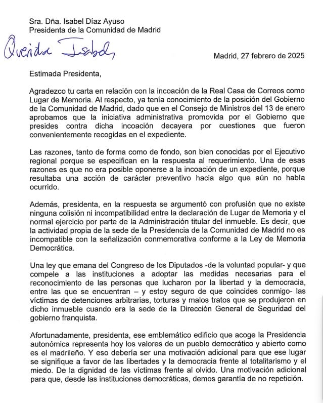 Carta del ministro Ángel Víctor Torres a la presidenta madrileña, Isabel Díaz Ayuso