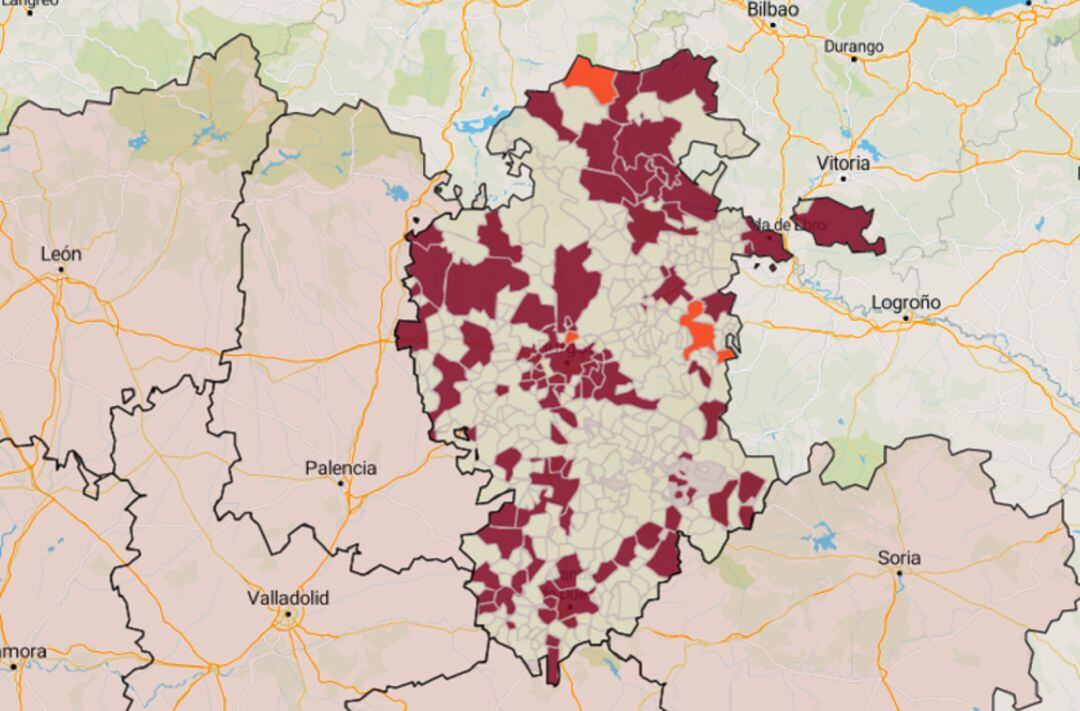 Mapa de los municipios burgaleses en los que se han detectado casos covid en los últimos siete días
