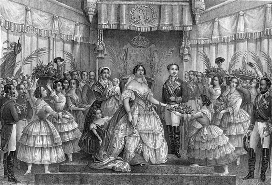 Litografía donde aparece la reina Isabel II en 1858 con un vestido con escote y hombros al descubierto y que ha sido retirada por el Gobierno iraní de la exposición que ha inaugurdo allí el MARQ.