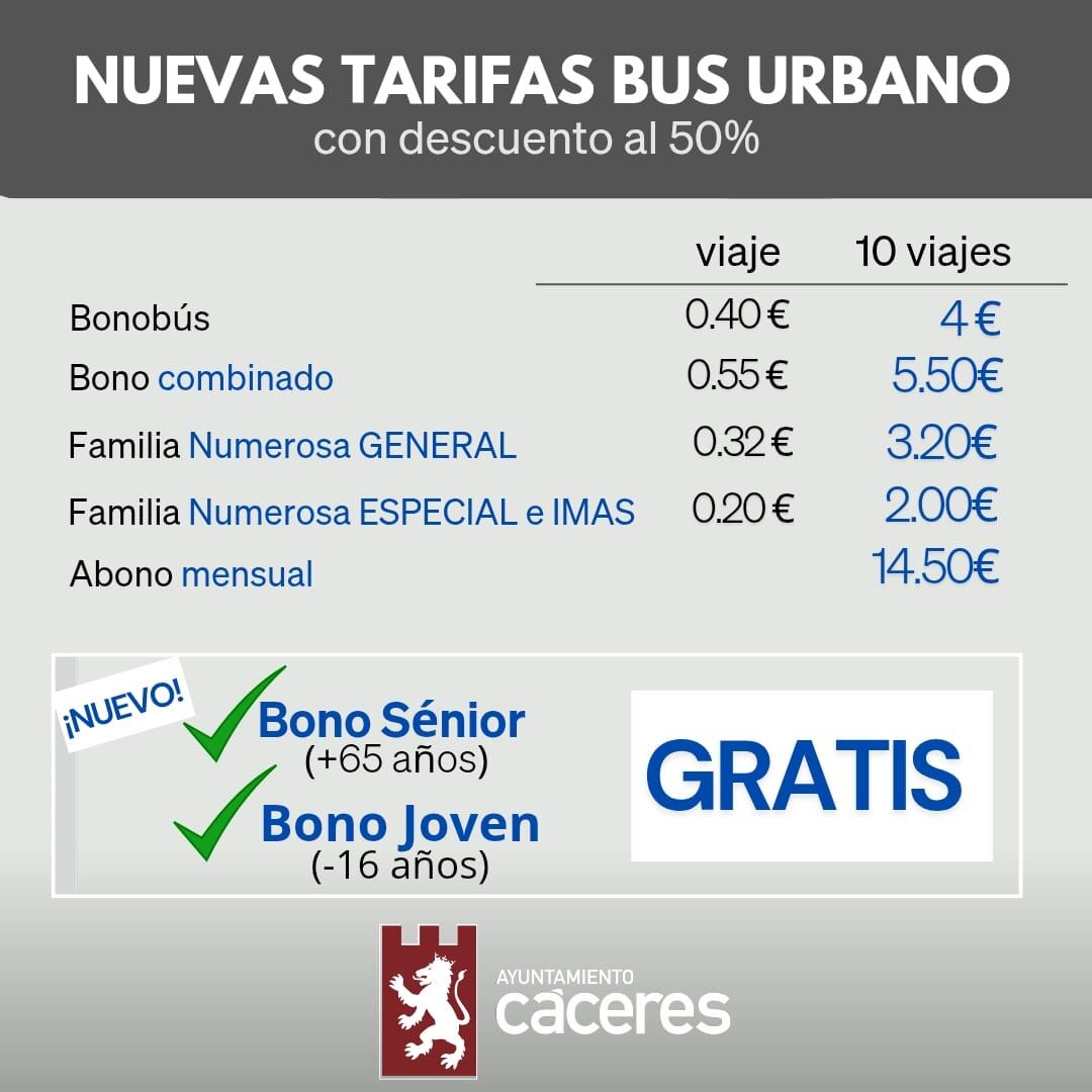 Tarifas del autobús urbano de Cáceres