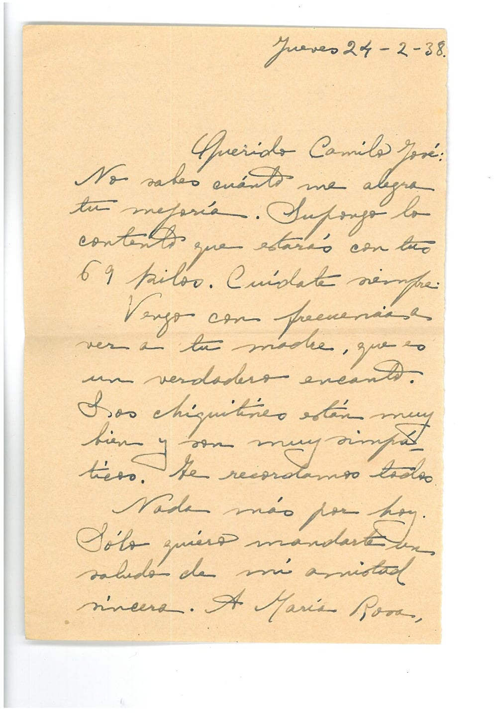 Carta de Lolita Franco a CJC 02/02/1938