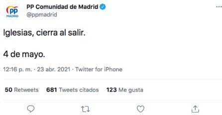 El mensaje que escribía en Twitter el PP de la Comunidad de Madrid sobre Pablo Iglesias, pero que ha terminado borrando.