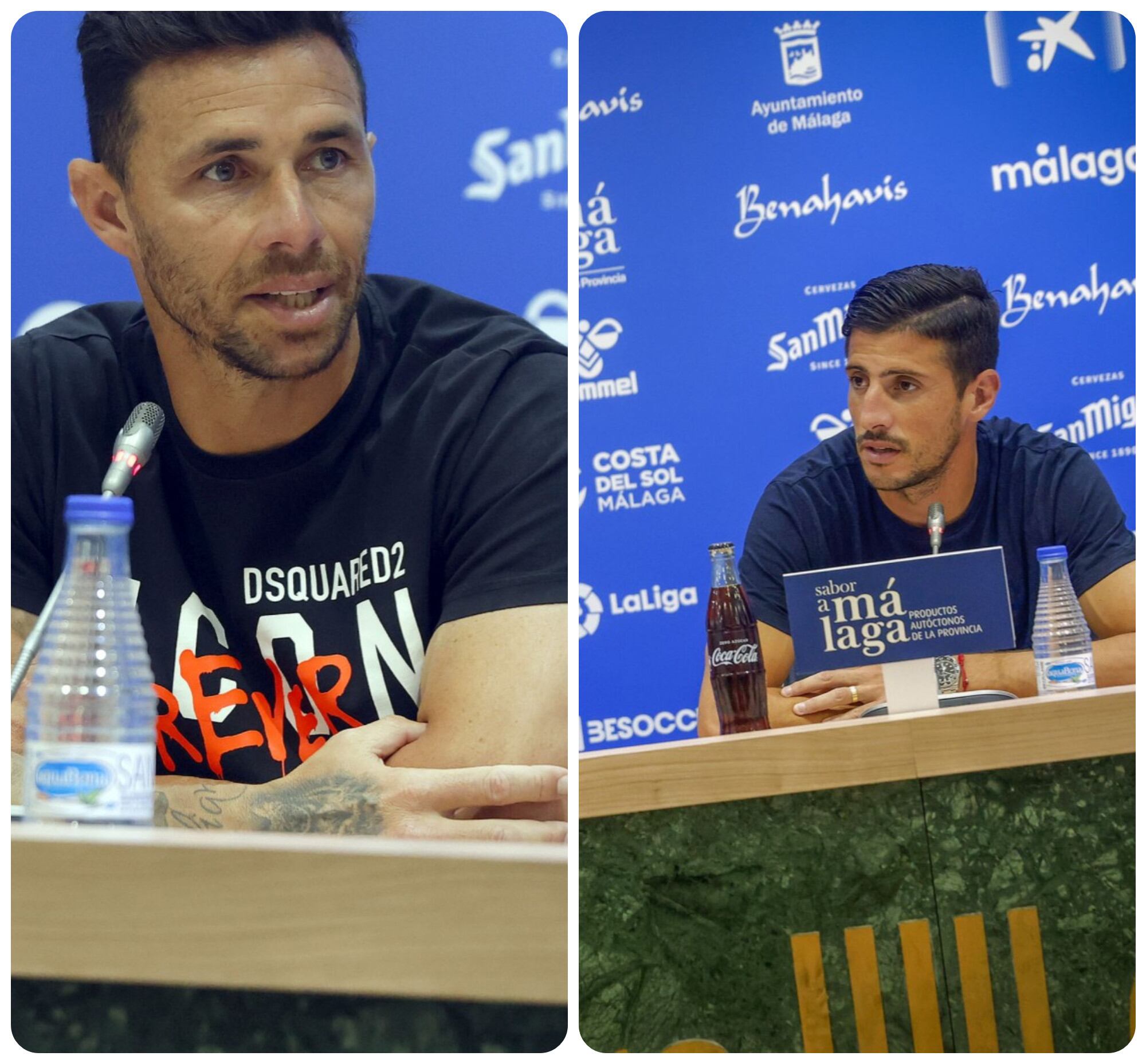 Rubén Castro y Pablo Chavarría, en sus comparecencias en la sala de prensa de La Rosaleda