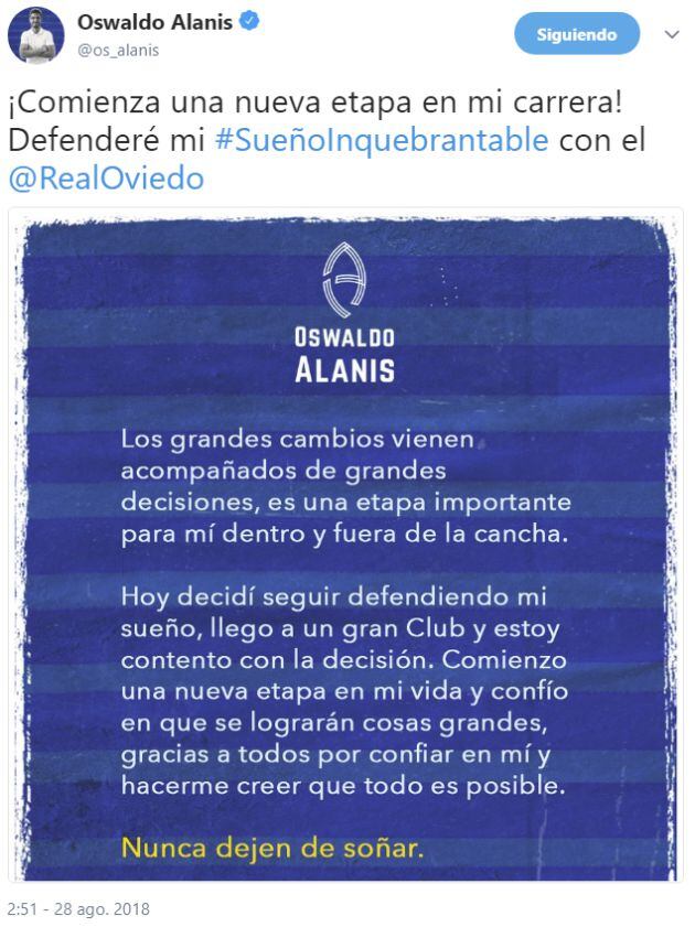 Mensaje de Alanís en sus redes sociales tras el fichaje por el Real Oviedo.