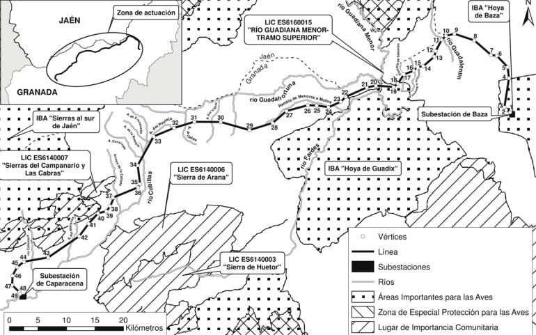 Mapa de la primera fase de la actuación en la línea eléctrica de gran capacidad Caparacena-Baza-La Ribina