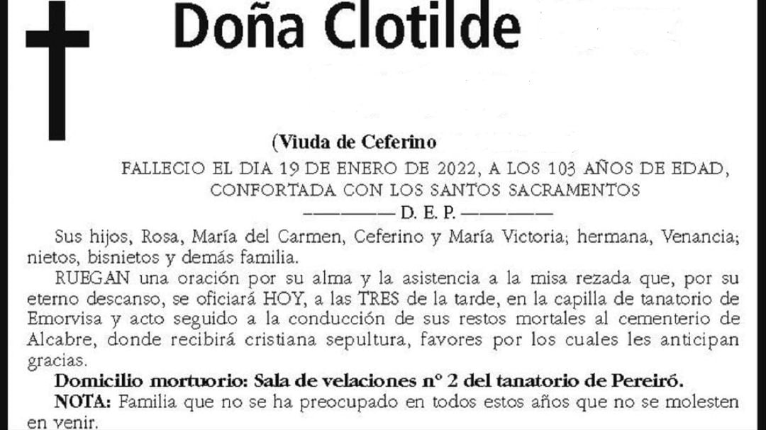 Esquela Doña Clotilde Faro