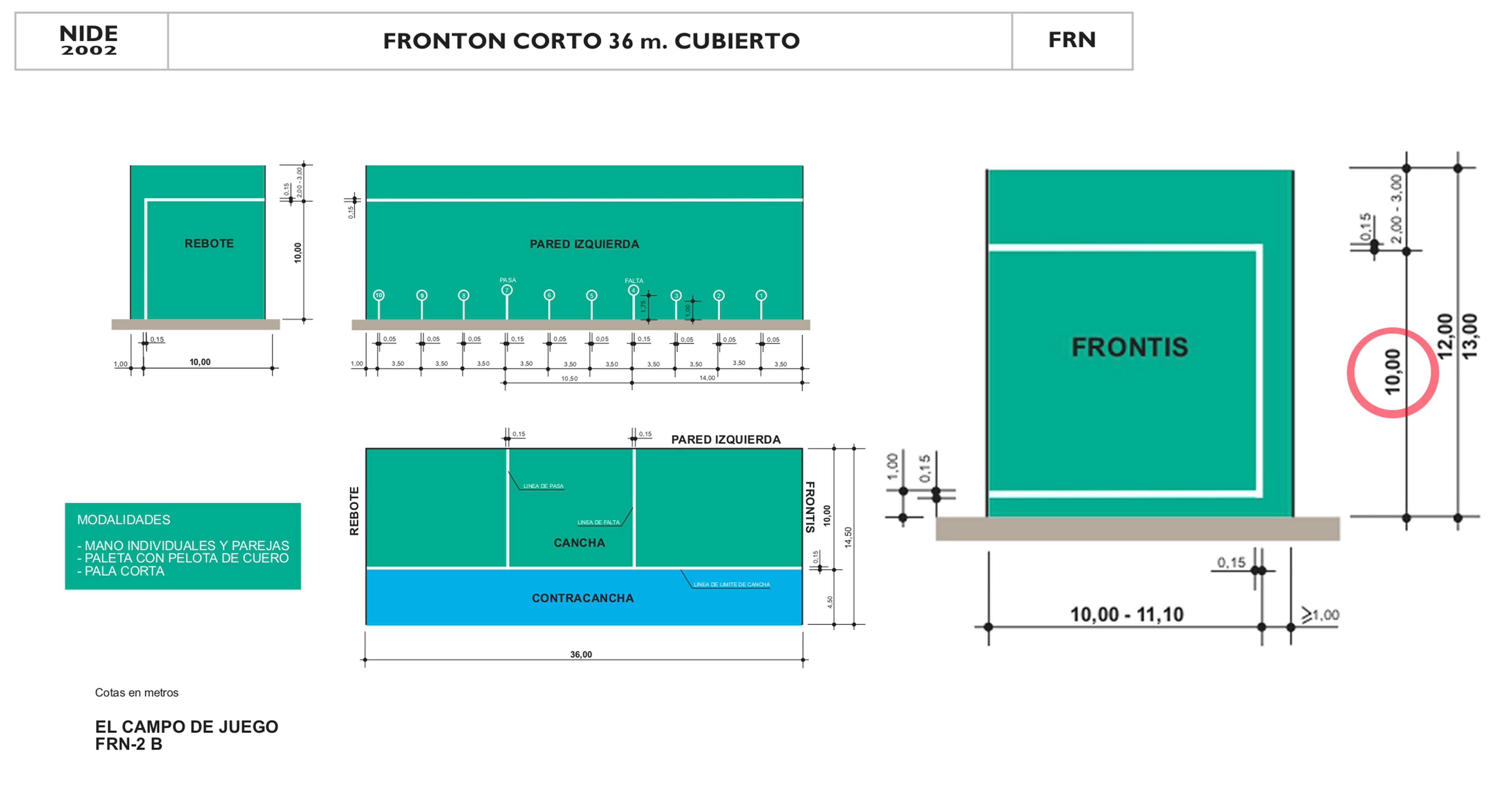 Dibujo de la normativa de frontis de pelota del Consejo Superior de Deportes