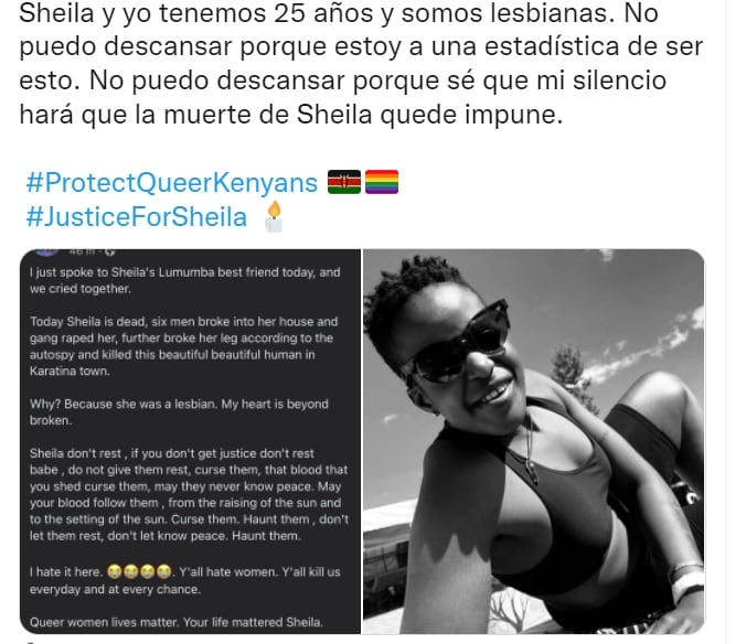 La comunidad LGTBIQ incendia las redes con el &#039;hashtag&#039; #JusticeForSheila tras el asesinato de una lesbiana en Kenia.