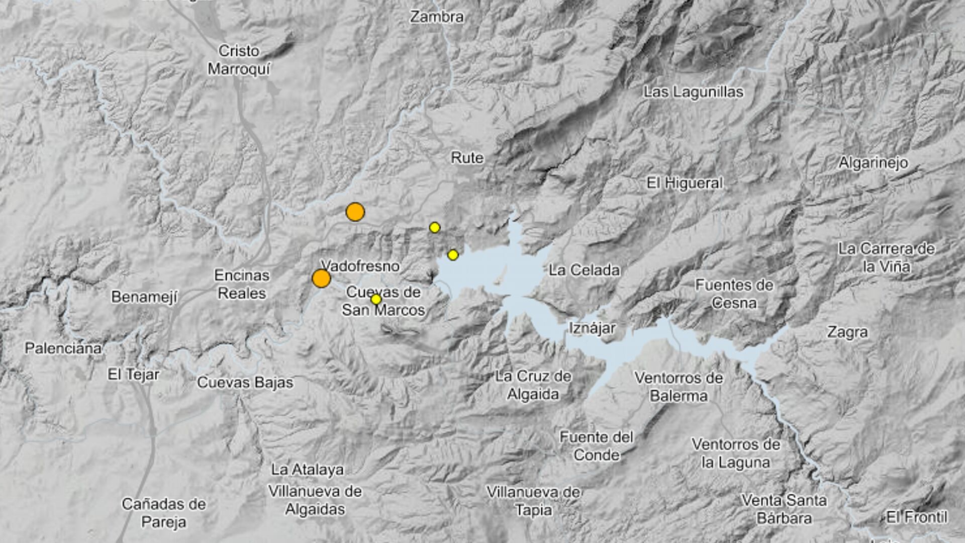 Localización de los terremotos registrados en el entorno del Pantano de Iznájar