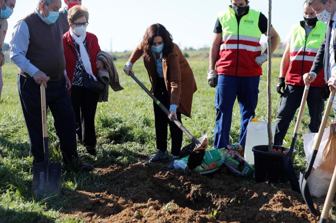  La presidenta de la Comunidad de Madrid, Isabel Díaz Ayuso, participa este martes en Getafe en las tareas de reforestación dirigidas a paliar la pérdida de arbolado a causa de la borrasca Filomena