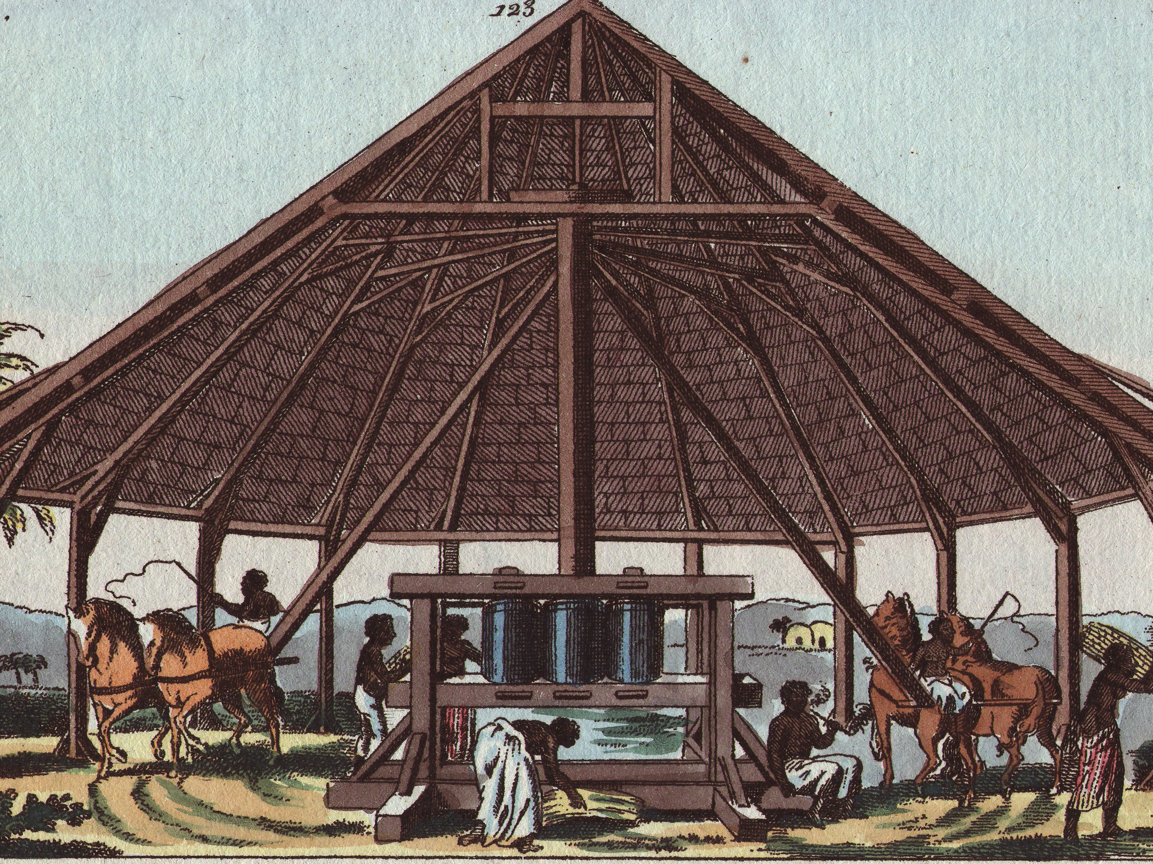 Esclavos moliendo azúcar (Saccharum officinarum) en una plantación de caña de azúcar. Grabado en cobre coloreado a mano de una ilustración botánica de la obra «Unterhaltungen aus der Naturgeschichte» (Enciclopedia de Historia Natural) de G. T. Wilhelm, Viena, 1816.