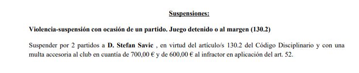 Sanción a Savic (Comité de Competición).