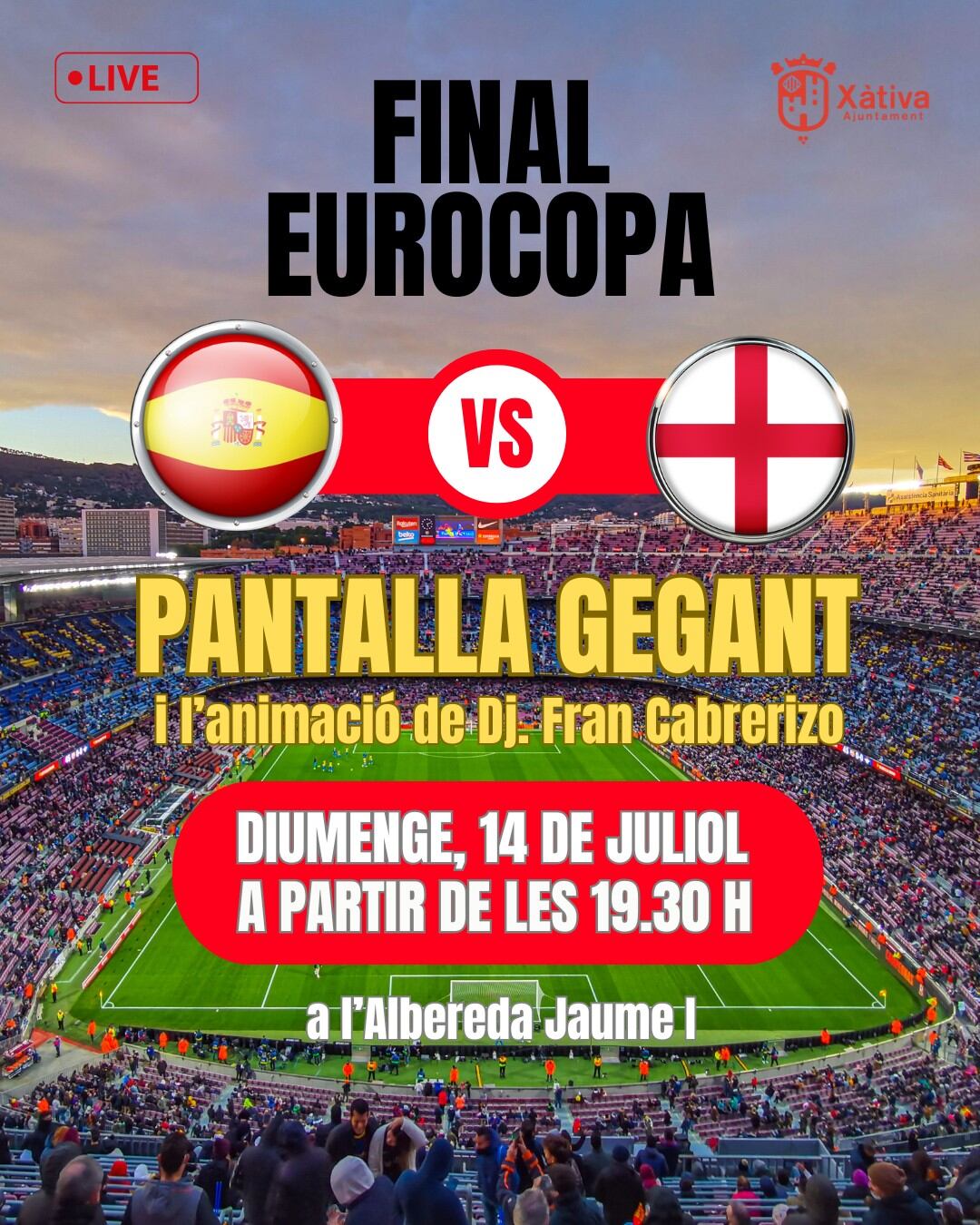 Cartel anunciador de la pantalla gigante en Xàtiva