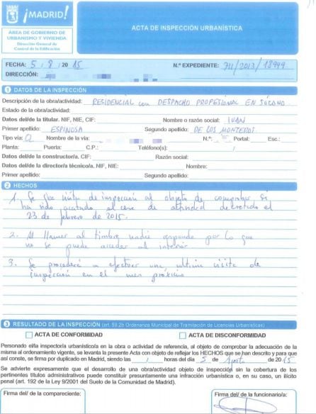 Una de las actas de Inspección Urbanística del Ayuntamiento en la que el técnico deja constancia de que nadie responde y no puede acceder a la vivenda.