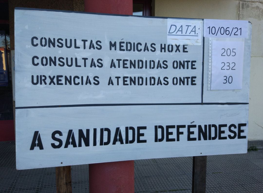 Cartel con las consultas atendidas por los profesionales en el centro de salud de A Guarda.