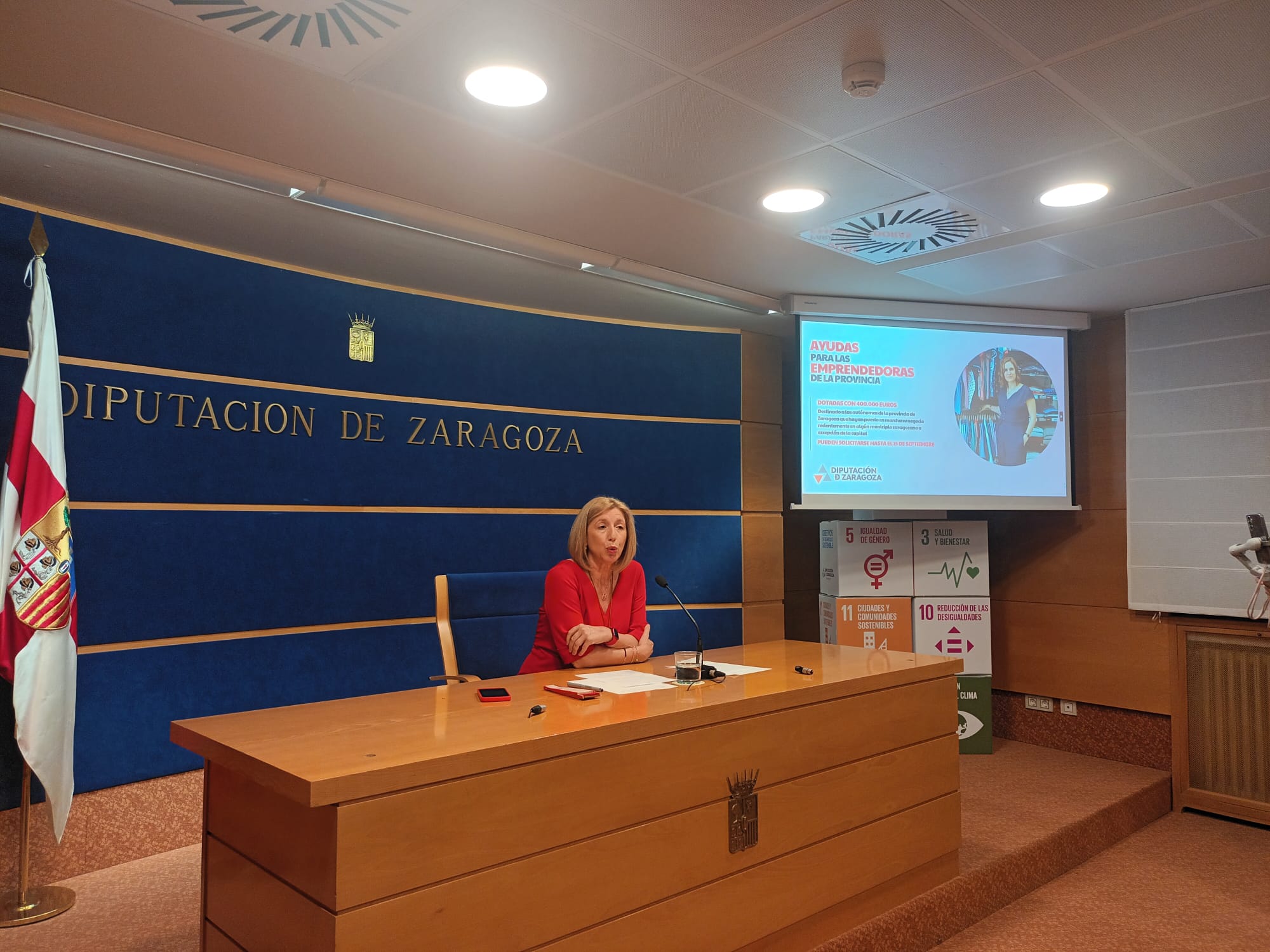 Manuela Berges, diputada general de Igualdad de la DPZ, explica la convocatoria de ayudar a mujeres emprendedoras en la sala de presa de la Diputación Provincial