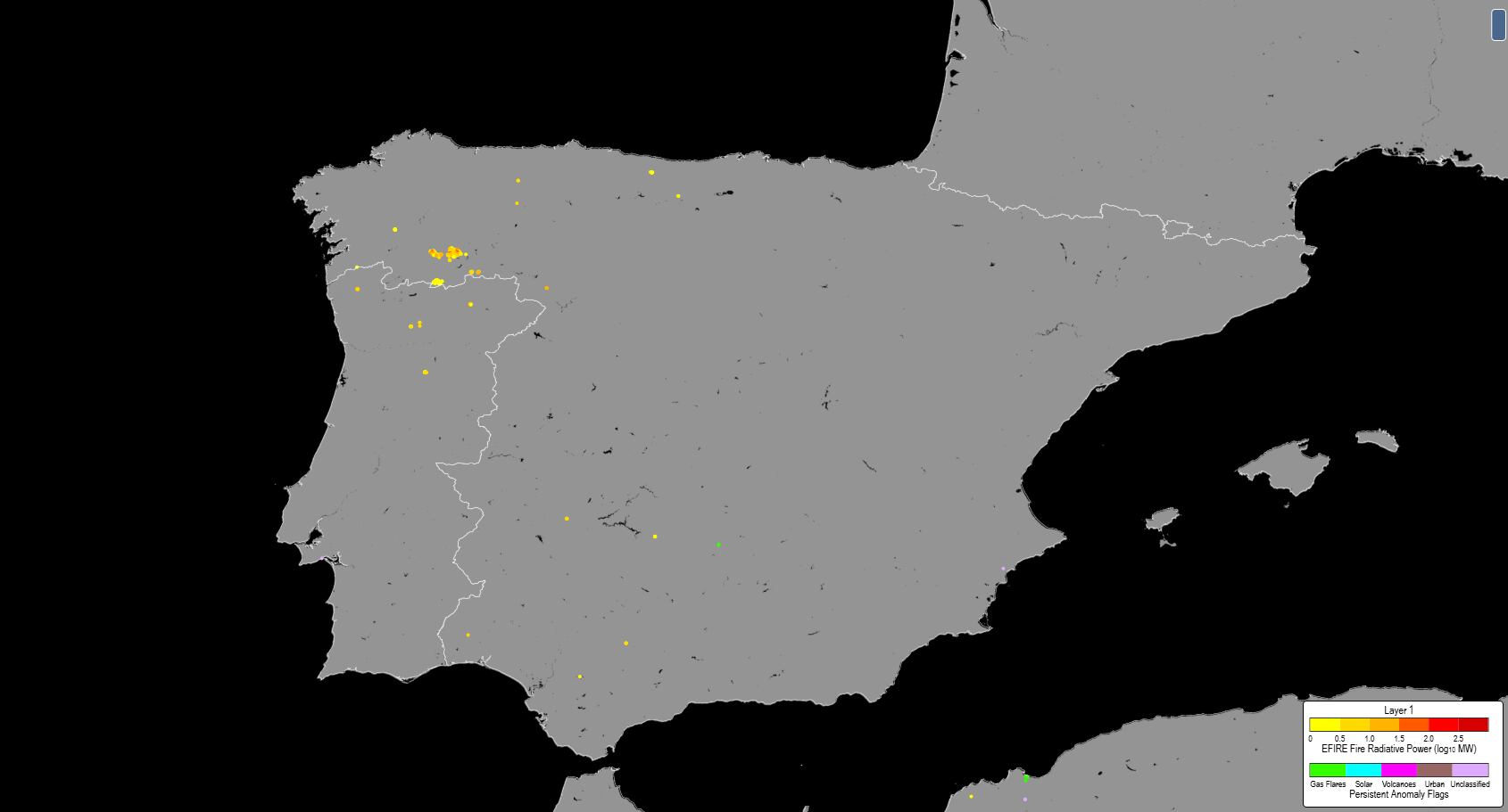 Vista satelital de la península ibérica, en la noche del 12 de agosto.