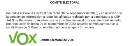 Comunicado de VOX sobre las infracciones en las elecciones primarias de Jaén