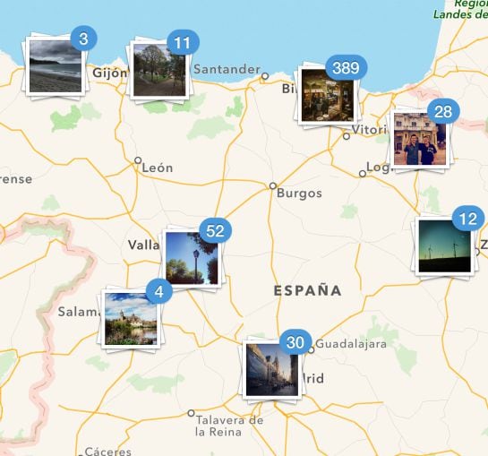 Vista de fotos de Instagram sobre el mapa