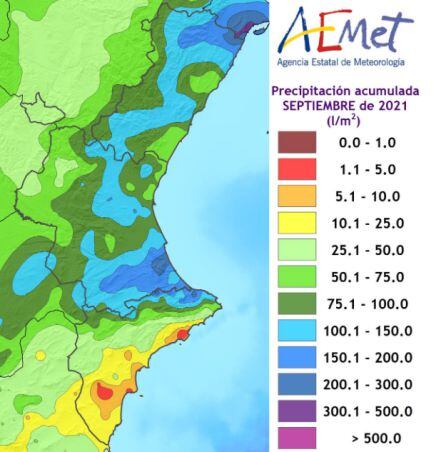 Precipitación acumulada en septiembre de 2021 en la Comunidad Valenciana