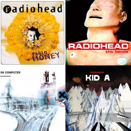 Portadas de los cuatro primeros discos de Radiohead