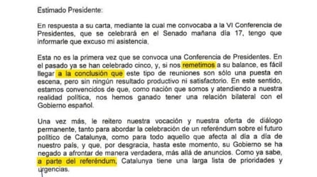 Imagen de la carta escrita por Carles Puigdemont, presidente de la Generalitat de Cataluña, dirigida al presidente del Gobierno Mariano Rajoy.