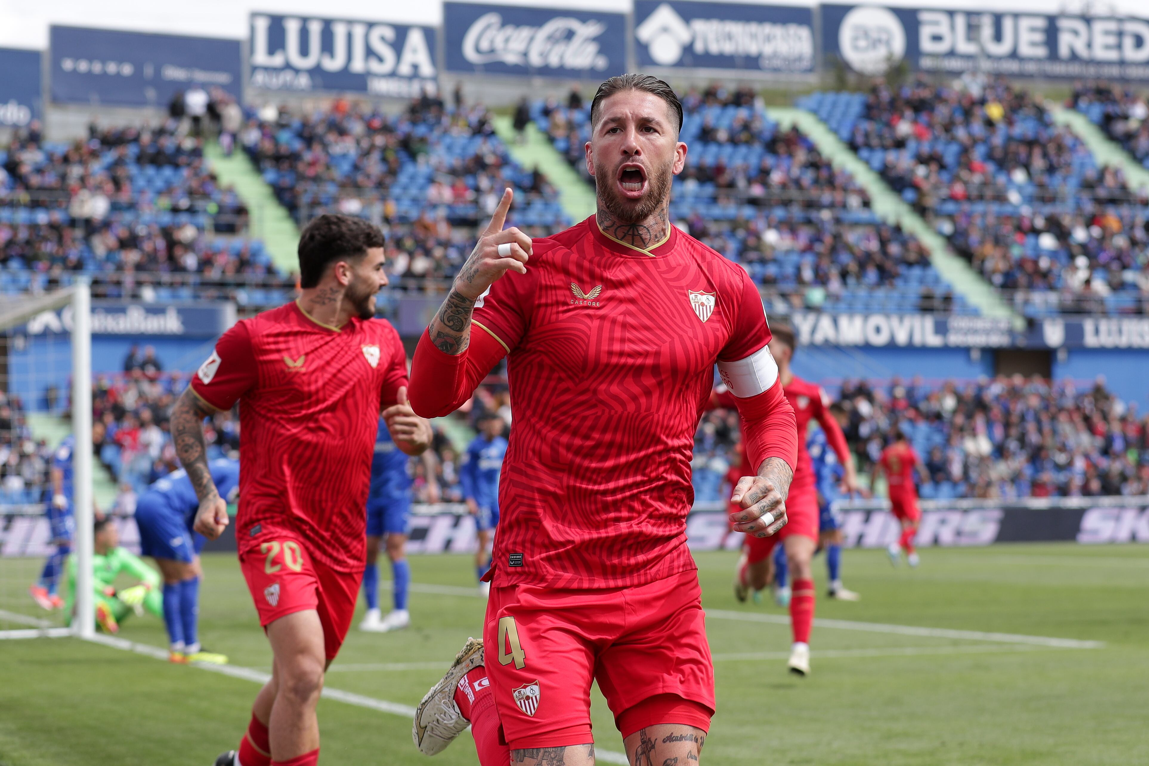 GETAFE, SPAIN - MARCH 30: Sergio Ramos of Sevilla FC celebrates scoring their opening goal during the LaLiga EA Sports match between Getafe CF and Sevilla FC at Coliseum Alfonso Perez on March 30, 2024 in Getafe, Spain. (Photo by Gonzalo Arroyo Moreno/Getty Images) (Photo by Gonzalo Arroyo Moreno/Getty Images)