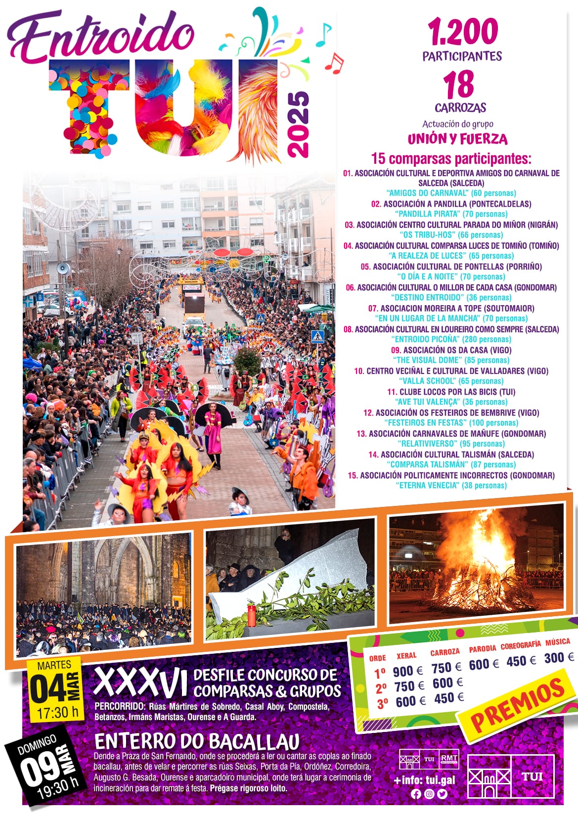 Cartel del Desfile de Entroido de Tui con las comparsas participantes para este año 2025