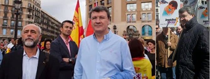 López Diéguez en el acto del 12 de octubre de 2012 en Barcelona, junto a su cuñado, el general  Blas Piñar Gutiérrez (hijo del líder  de Fuerza Nueva)  que fue sancionado en  2009 por calificar al Ejército de institución &quot;sumisa&quot;. A la derecha, López Diég