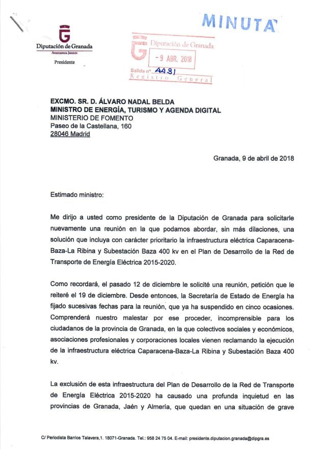 Primera parte de la carta del presidente de la Diputación al ministro Álvaro Nadal para solicitarle de nuevo una reunión sobre la línea eléctrica de 400 kV (Caparacena-Baza-Vera)