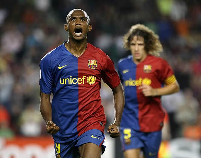 Eto&#039;o celebra el segundo gol del Barça que marcó de penalti