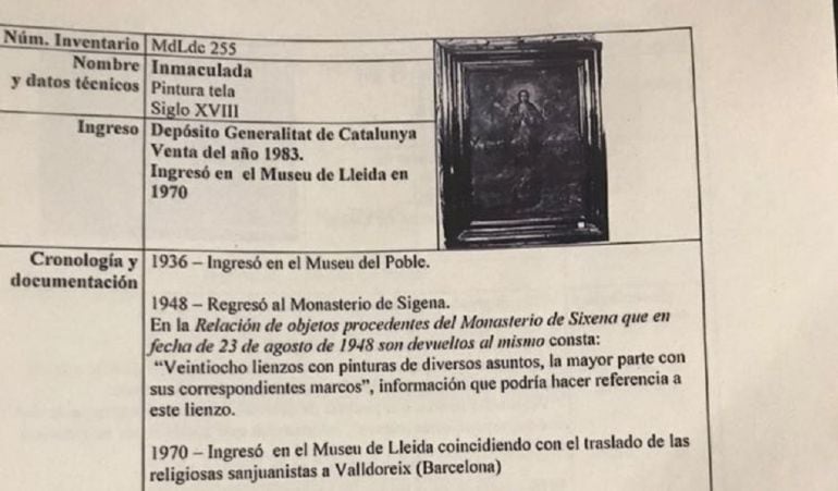 Ficha de la pieza extraviada, que falta en el Monasterio de Sijena 