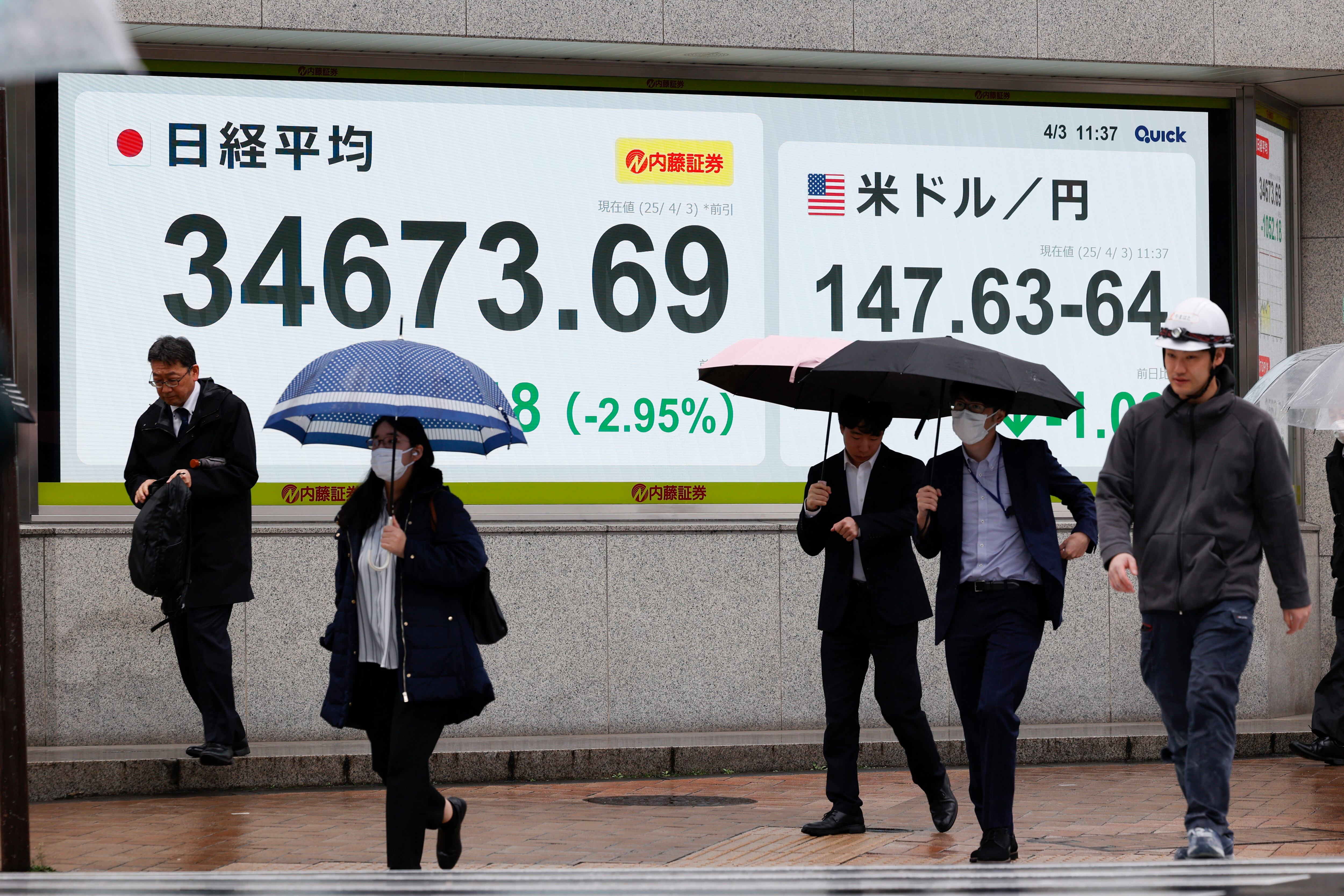 Peatones pasan junto a un panel electrónico de la bolsa que muestra el índice Nikkei de Japón.