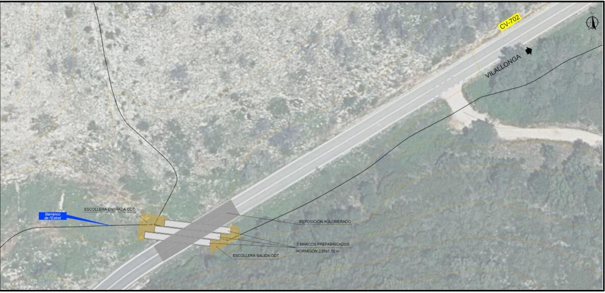Mapa que refleja el punto de la actuación de la mejora del drenaje en la CV-702 entre L'Orxa i Villalonga.