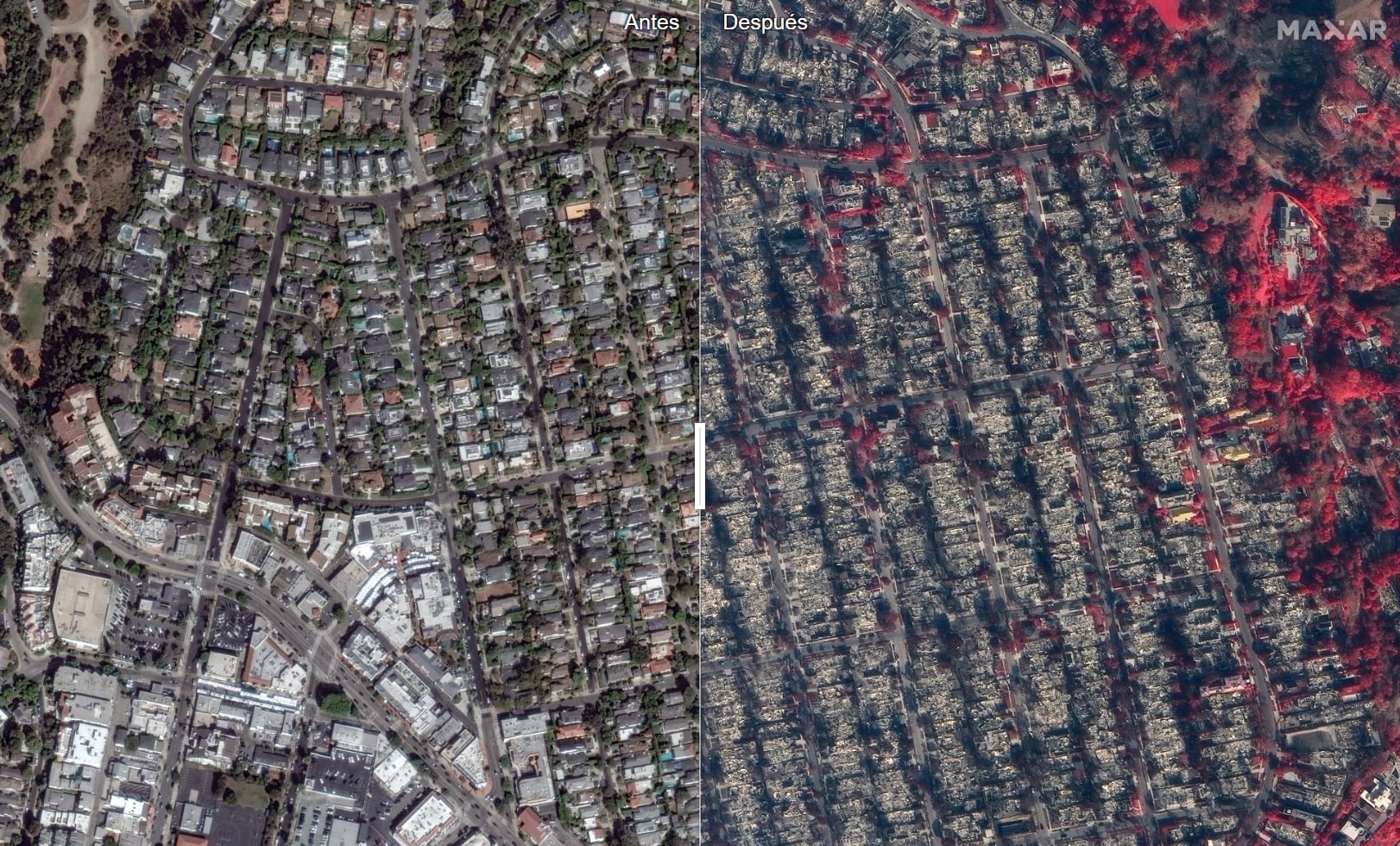 Un barrio residencial antes y después de las llamas.