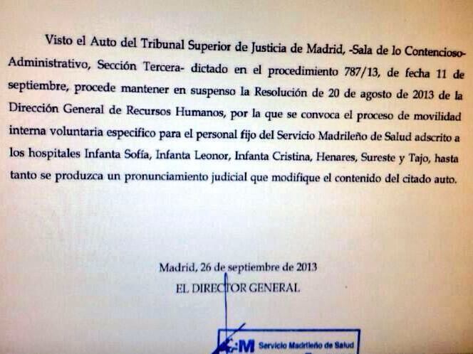 Circular de la Consejería de Sanidad confirmando que suspende el Plan de Movilidad Voluntaria