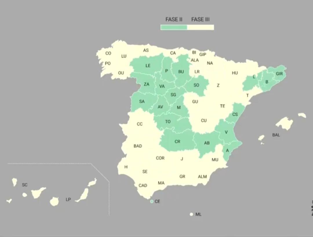Mapa de las fases de desescalada en los diferentes territorios del pais