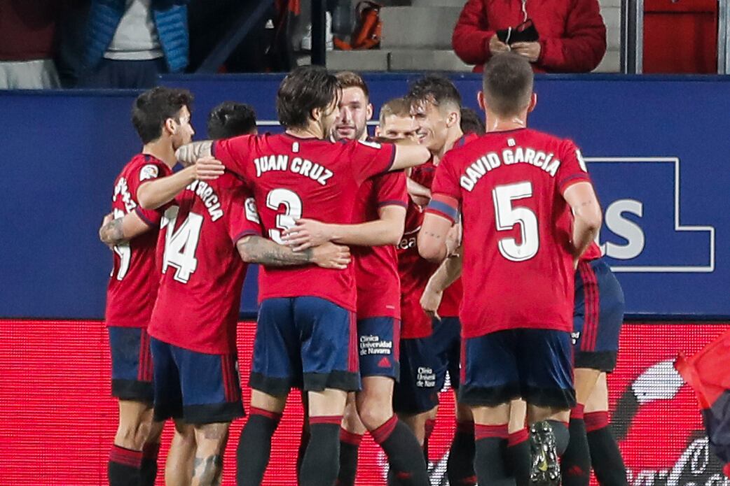 Los jugadores del Osasuna celebran el gol marcado por Ante Budimir ante el Levante en el estadio de El Sadar