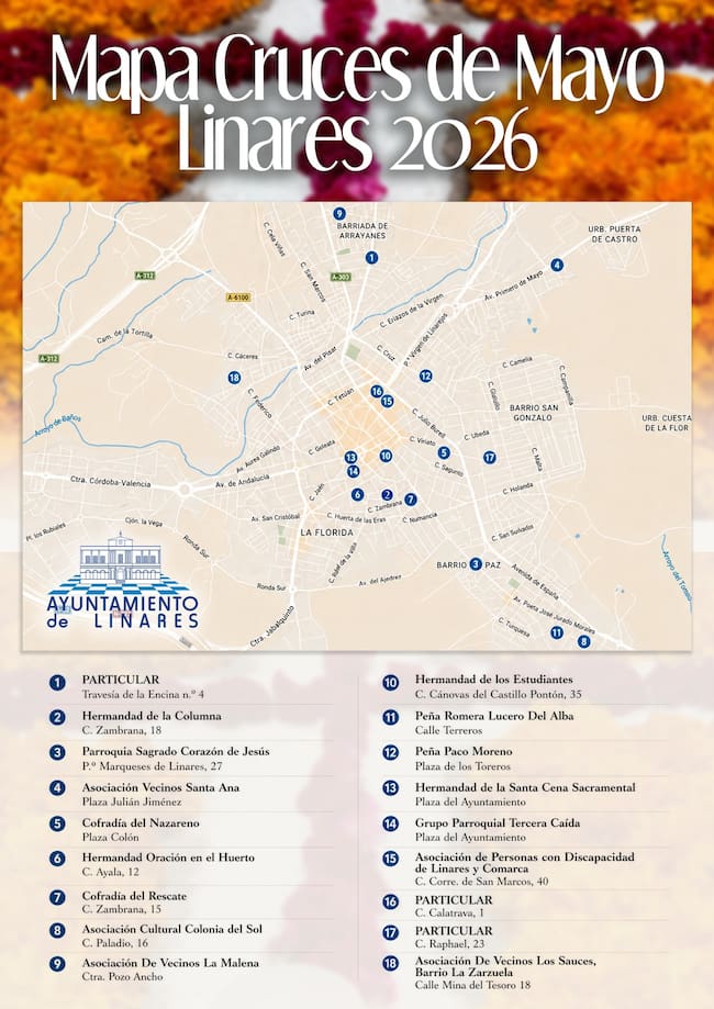 Mapa de ubicaciones de las Cruces de mayo 2026 en Linares