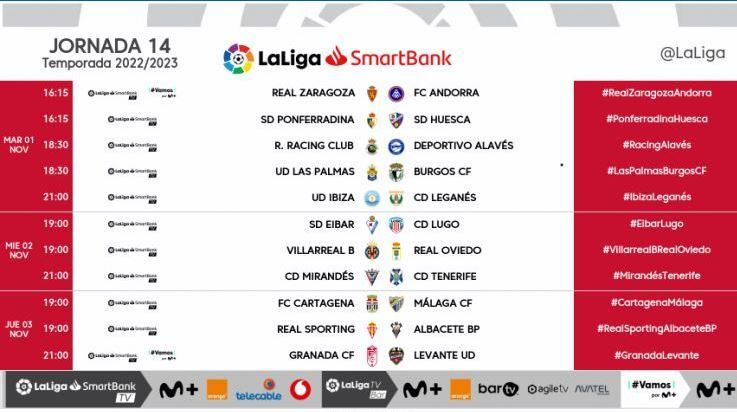 Horarios de la jornada 14 en Segunda División
