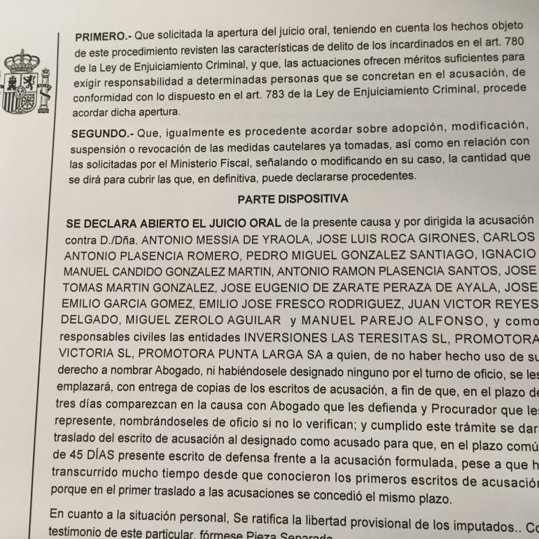 Auto de apertura de juicio oral al que ha tenido acceso la Cadena SER.