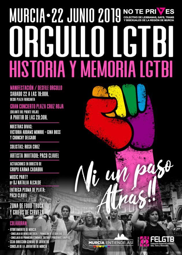 Cartel anunciador del Orgullo LGTBI Murcia 2.019, que reproduce una fotografía de la primera manifestación que tuvo lugar en España en los años 70, en este caso en la ciudad de Barcelona, reivindicando los derechos del colectivo LGTBI