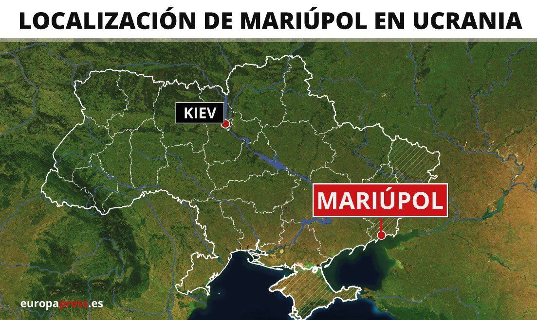 Mapa con ubicación de Mariúpol (Ucrania). Las fuerzas militares rusas y los rebeldes separatistas han aumentado en las últimas horas la presión sobre la ciudad de Mariupol, una localidad portuaria del sureste de Ucrania que, en caso de caer en manos de Rusia, le permitiría avanzar en la creación de una franja que conectaría el Donbás con la península de Crimea.
03 MARZO 2022
Europa Press
03/03/2022