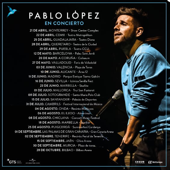 Relación de conciertos del cantante Pablo López desde abril hasta octubre